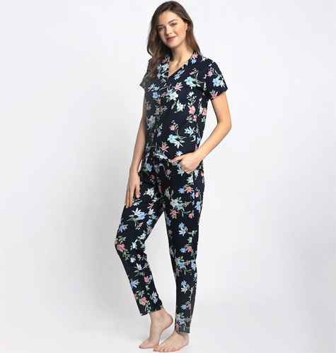 Women Navy Blue & Pink Printed Night suit